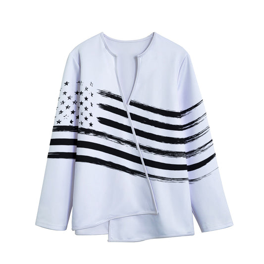 White And Black American Flag Print Long Sleeve Short Coat