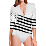 White And Black American Flag Print Long Sleeve Swimsuit