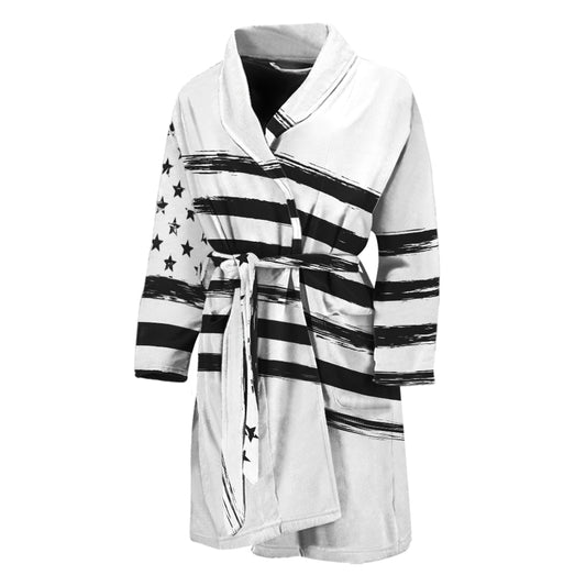 White And Black American Flag Print Men's Bathrobe