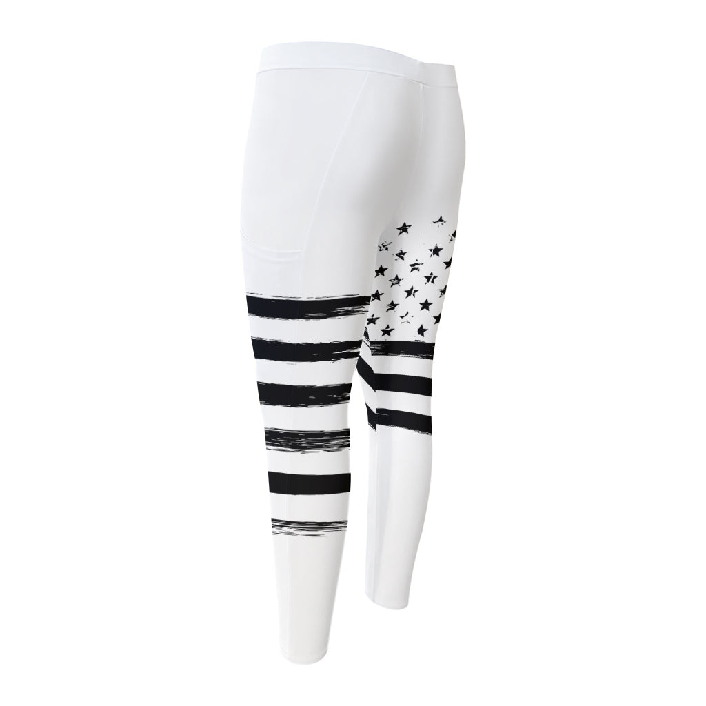 White And Black American Flag Print Men's Compression Pants