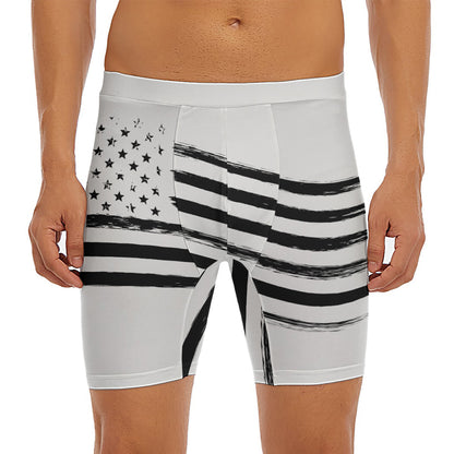 White And Black American Flag Print Men's Long Boxer Briefs