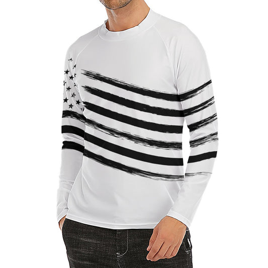 White And Black American Flag Print Men's Long Sleeve Rash Guard