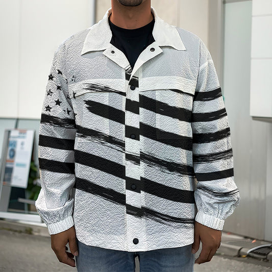 White And Black American Flag Print Men's Shirt Jacket