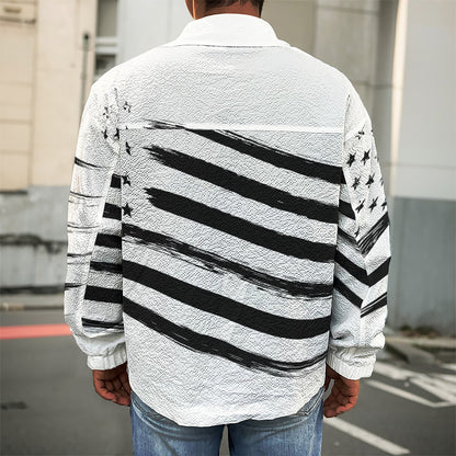 White And Black American Flag Print Men's Shirt Jacket
