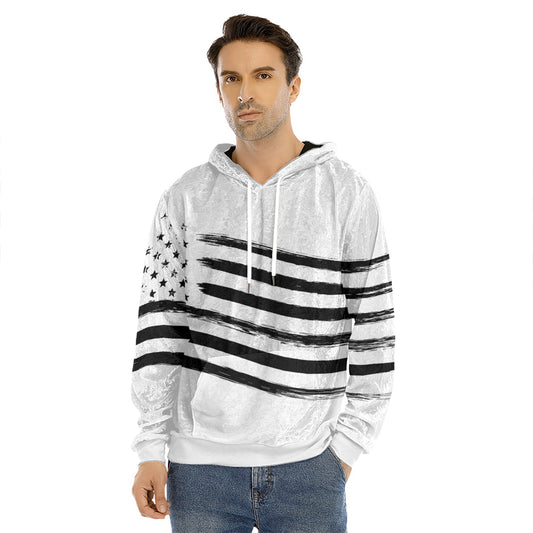 White And Black American Flag Print Men's Velvet Pullover Hoodie