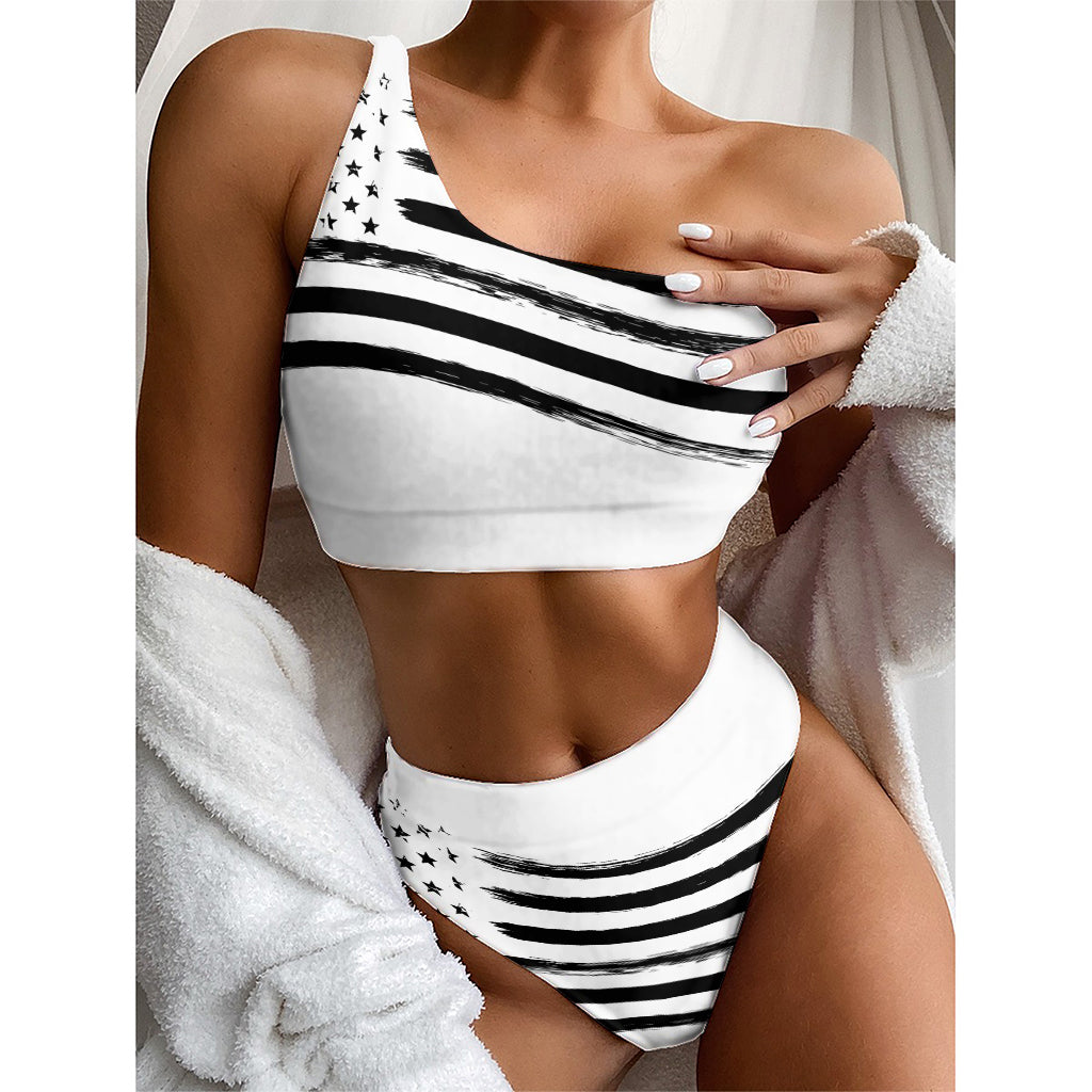 White And Black American Flag Print One Shoulder Bikini Top