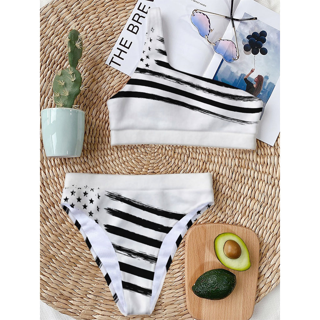White And Black American Flag Print One Shoulder Bikini Top