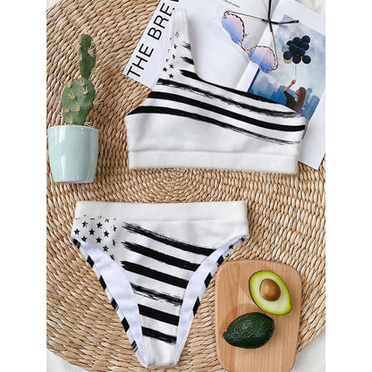White And Black American Flag Print One Shoulder Bikini Top