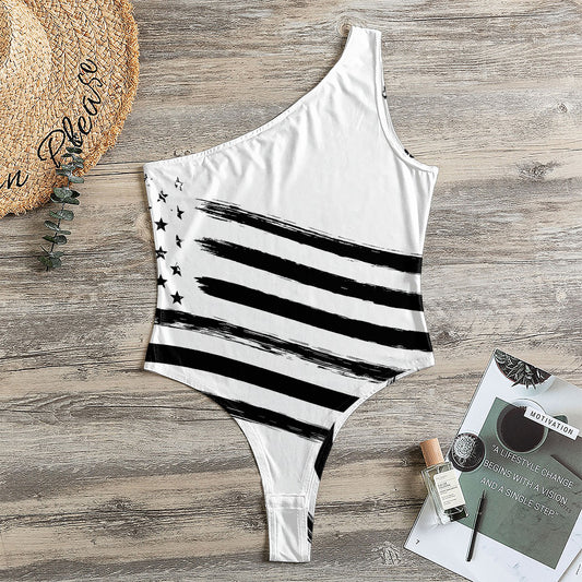 White And Black American Flag Print One Shoulder Bodysuit