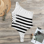 White And Black American Flag Print One Shoulder Bodysuit
