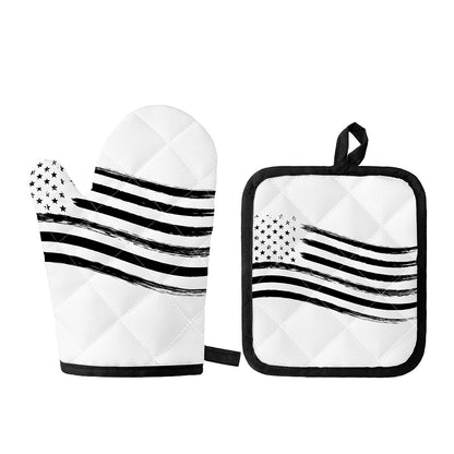 White And Black American Flag Print Oven Mitt And Pot Holder Set