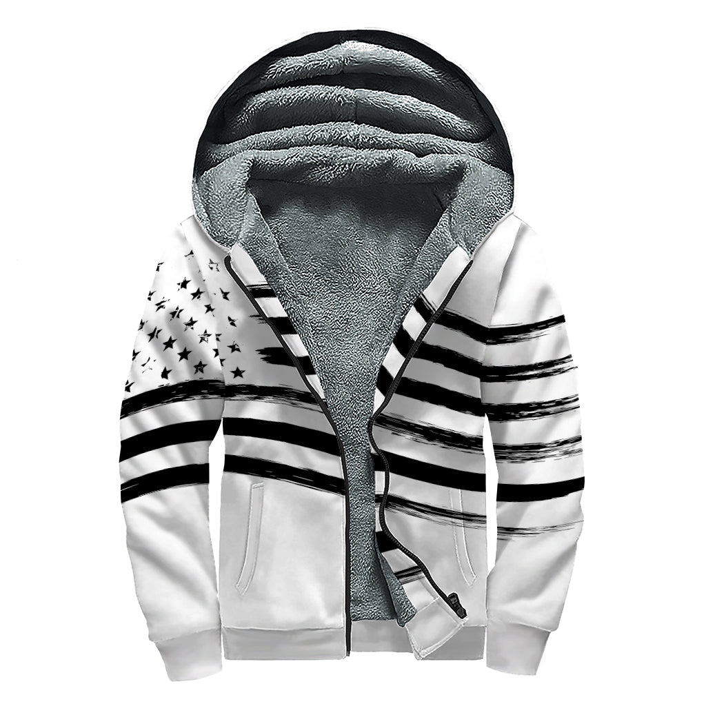 White And Black American Flag Print Sherpa Lined Zip Up Hoodie