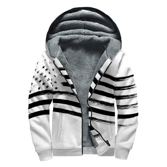 White And Black American Flag Print Sherpa Lined Zip Up Hoodie
