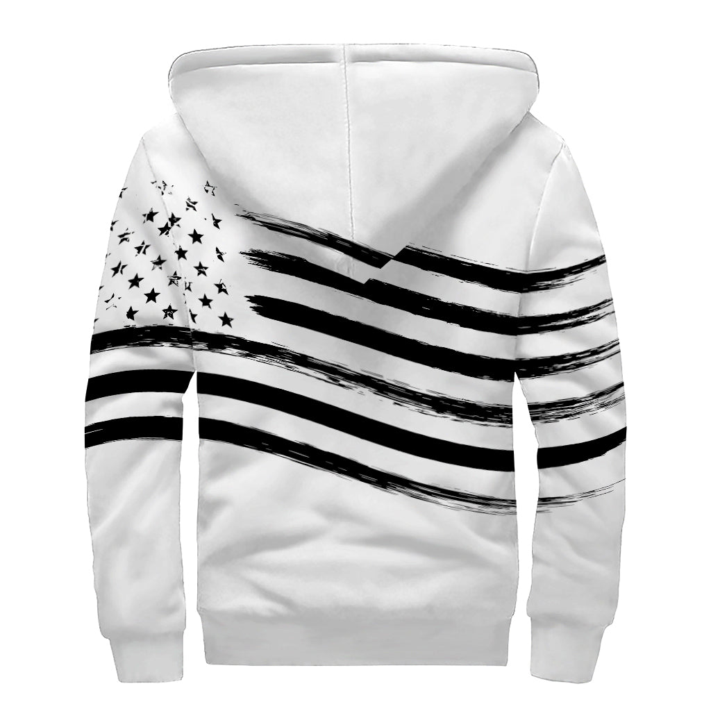 White And Black American Flag Print Sherpa Lined Zip Up Hoodie