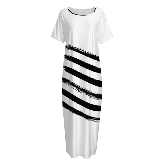 White And Black American Flag Print Short Sleeve Long Nightdress