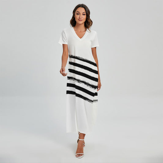White And Black American Flag Print Short Sleeve Maxi Dress