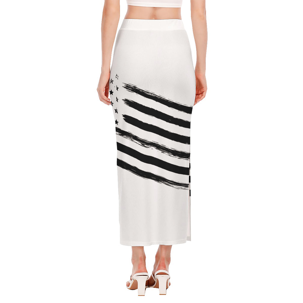 White And Black American Flag Print Side Slit Maxi Skirt
