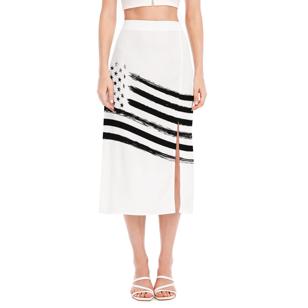 White And Black American Flag Print Side Slit Midi Skirt