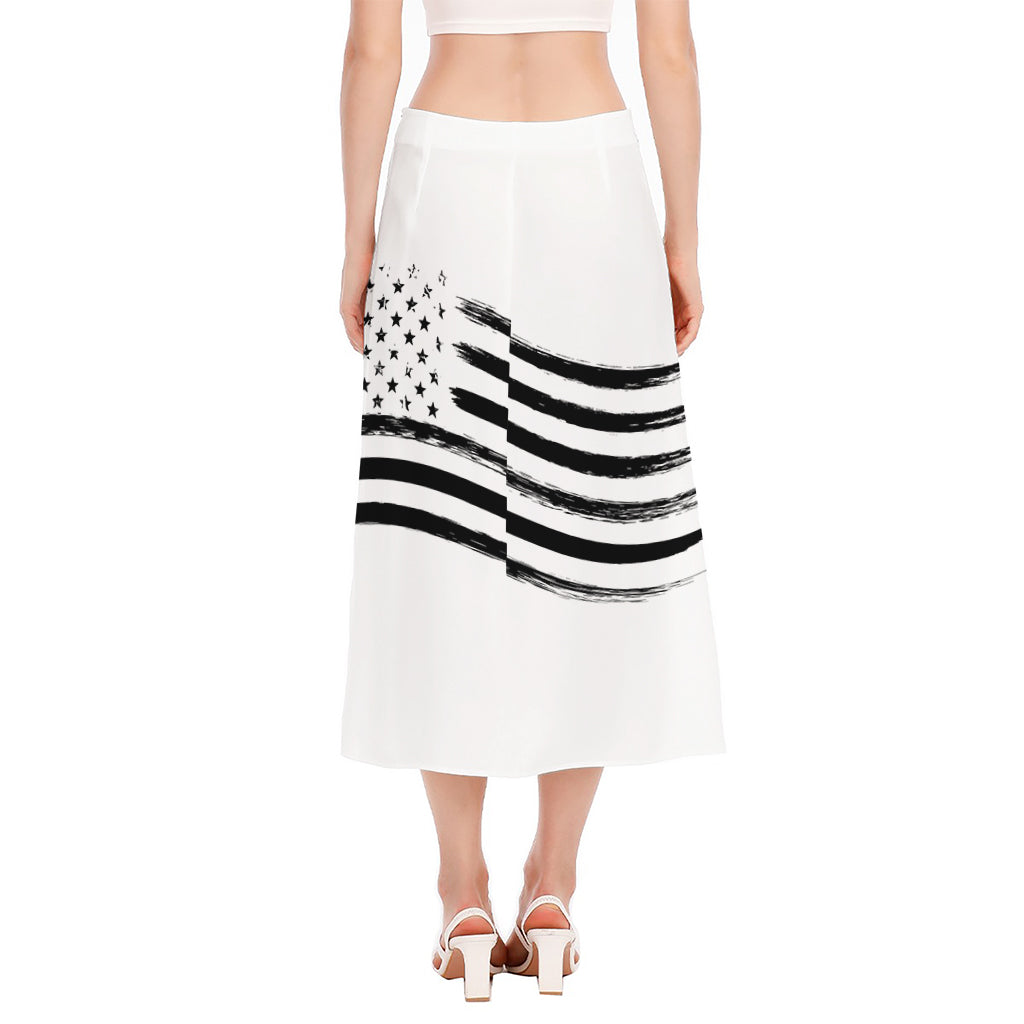 White And Black American Flag Print Side Slit Midi Skirt