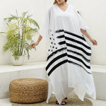 White And Black American Flag Print Silk V-Neck Kaftan Dress