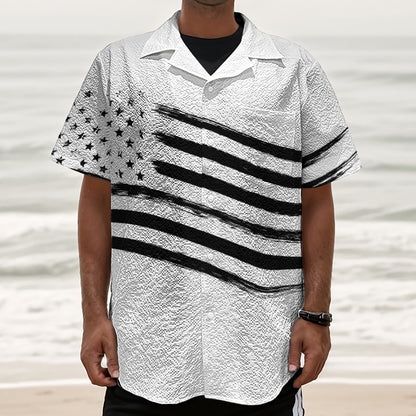 White And Black American Flag Print Textured Short Sleeve Shirt