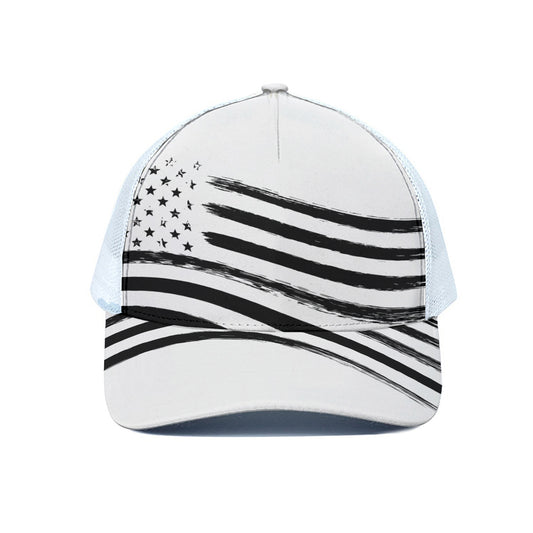 White And Black American Flag Print White Mesh Trucker Cap