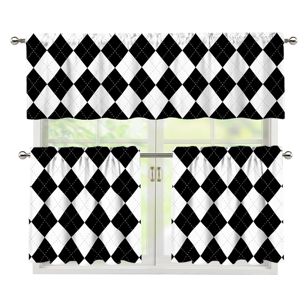 White And Black Argyle Pattern Print 3 Piece Kitchen Curtains
