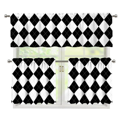 White And Black Argyle Pattern Print 3 Piece Kitchen Curtains