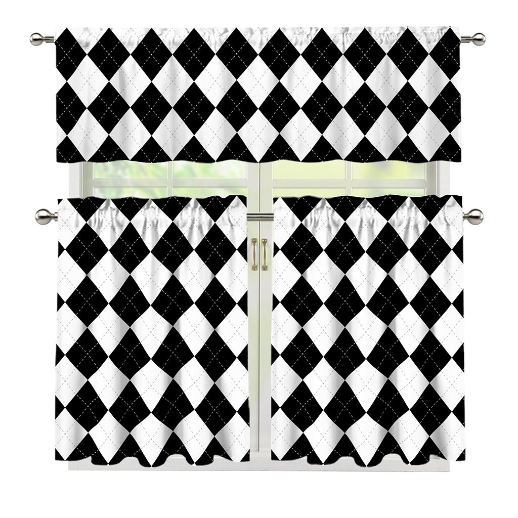 White And Black Argyle Pattern Print 3 Piece Kitchen Curtains