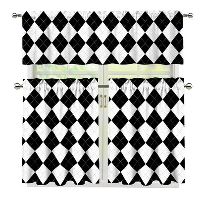 White And Black Argyle Pattern Print 3 Piece Kitchen Curtains