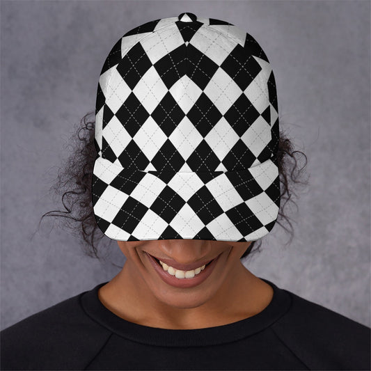 White And Black Argyle Pattern Print Baseball Cap