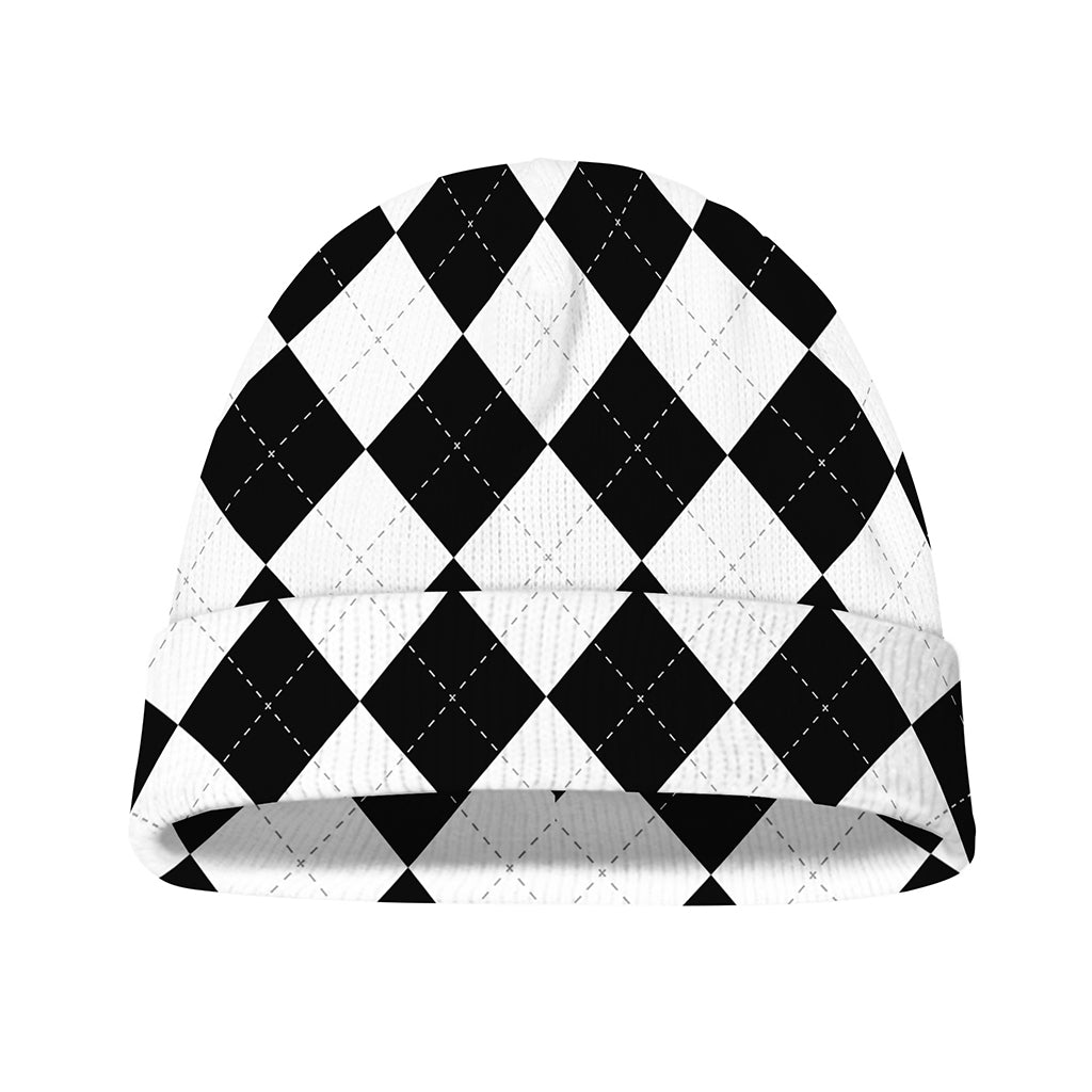 White And Black Argyle Pattern Print Beanie