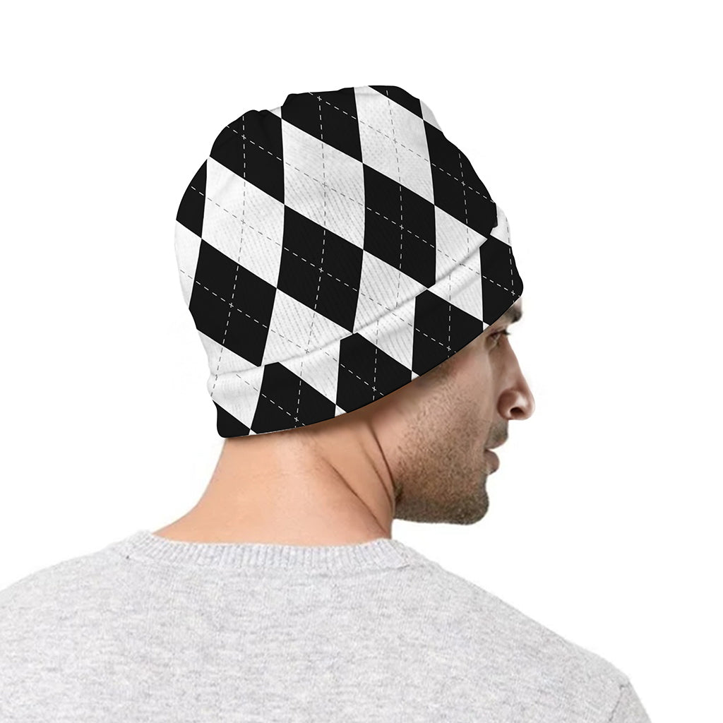 White And Black Argyle Pattern Print Beanie