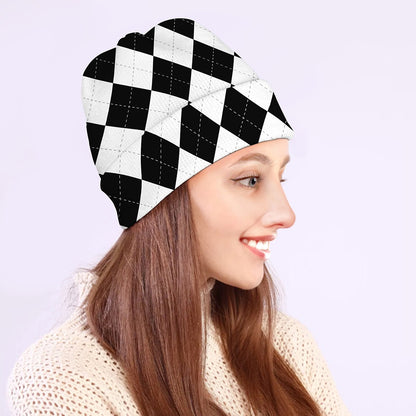 White And Black Argyle Pattern Print Beanie