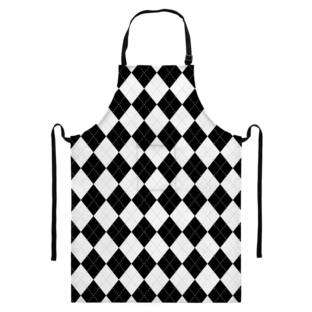 White And Black Argyle Pattern Print Bib Apron With Pocket