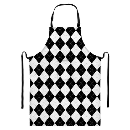 White And Black Argyle Pattern Print Bib Apron With Pocket