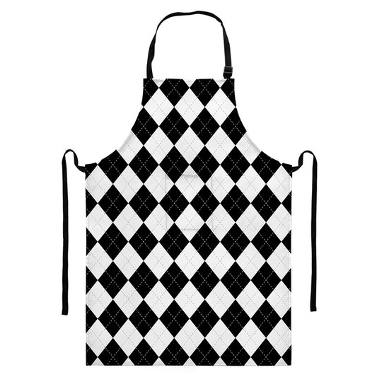 White And Black Argyle Pattern Print Bib Apron With Pocket