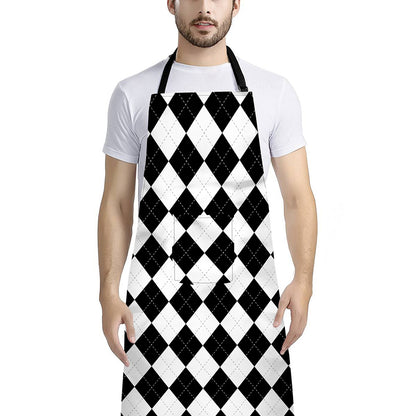 White And Black Argyle Pattern Print Bib Apron With Pocket