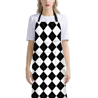 White And Black Argyle Pattern Print Bib Apron With Pocket