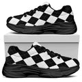 White And Black Argyle Pattern Print Black Chunky Shoes