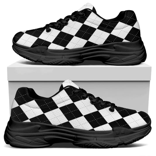 White And Black Argyle Pattern Print Black Chunky Shoes