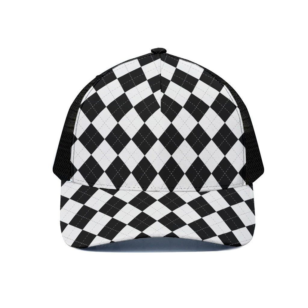 White And Black Argyle Pattern Print Black Mesh Trucker Cap