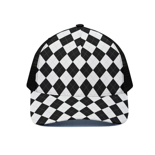 White And Black Argyle Pattern Print Black Mesh Trucker Cap