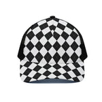 White And Black Argyle Pattern Print Black Mesh Trucker Cap