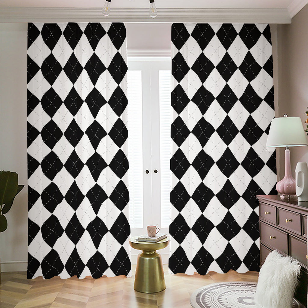 White And Black Argyle Pattern Print Blackout Pencil Pleat Curtains