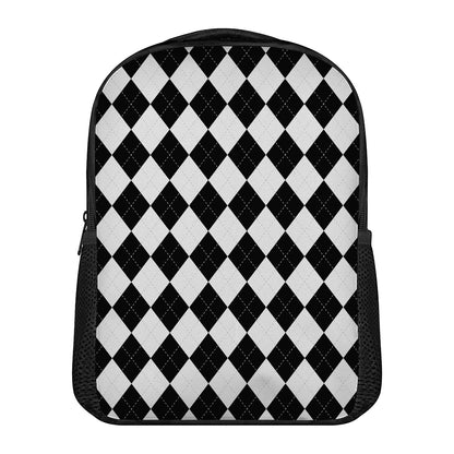White And Black Argyle Pattern Print Casual Backpack