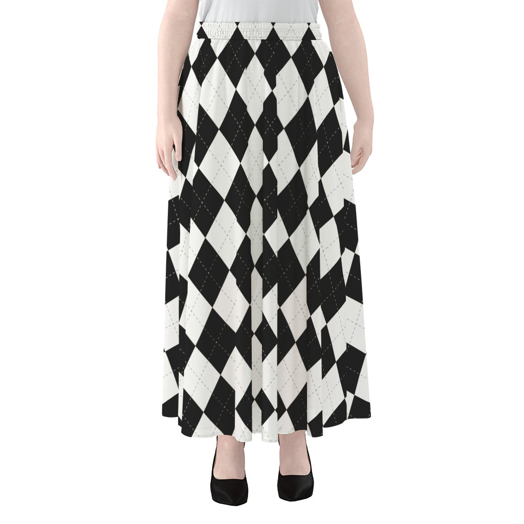 White And Black Argyle Pattern Print Chiffon Maxi Skirt