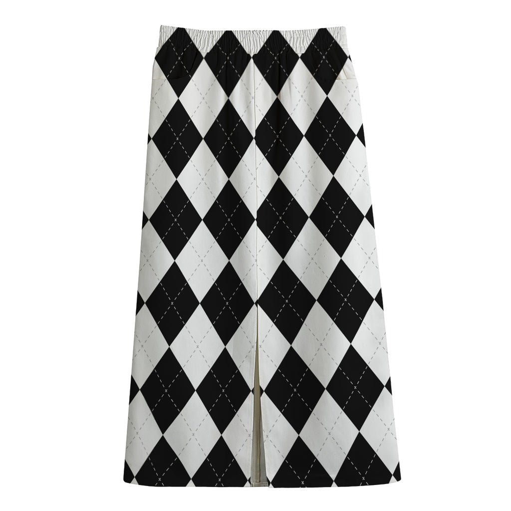 White And Black Argyle Pattern Print Cotton Front Slit Maxi Skirt