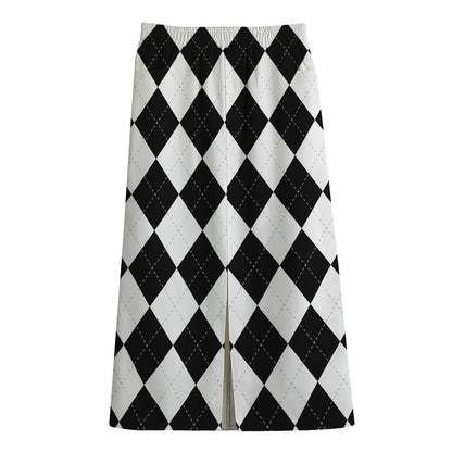 White And Black Argyle Pattern Print Cotton Front Slit Maxi Skirt