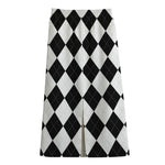 White And Black Argyle Pattern Print Cotton Front Slit Maxi Skirt